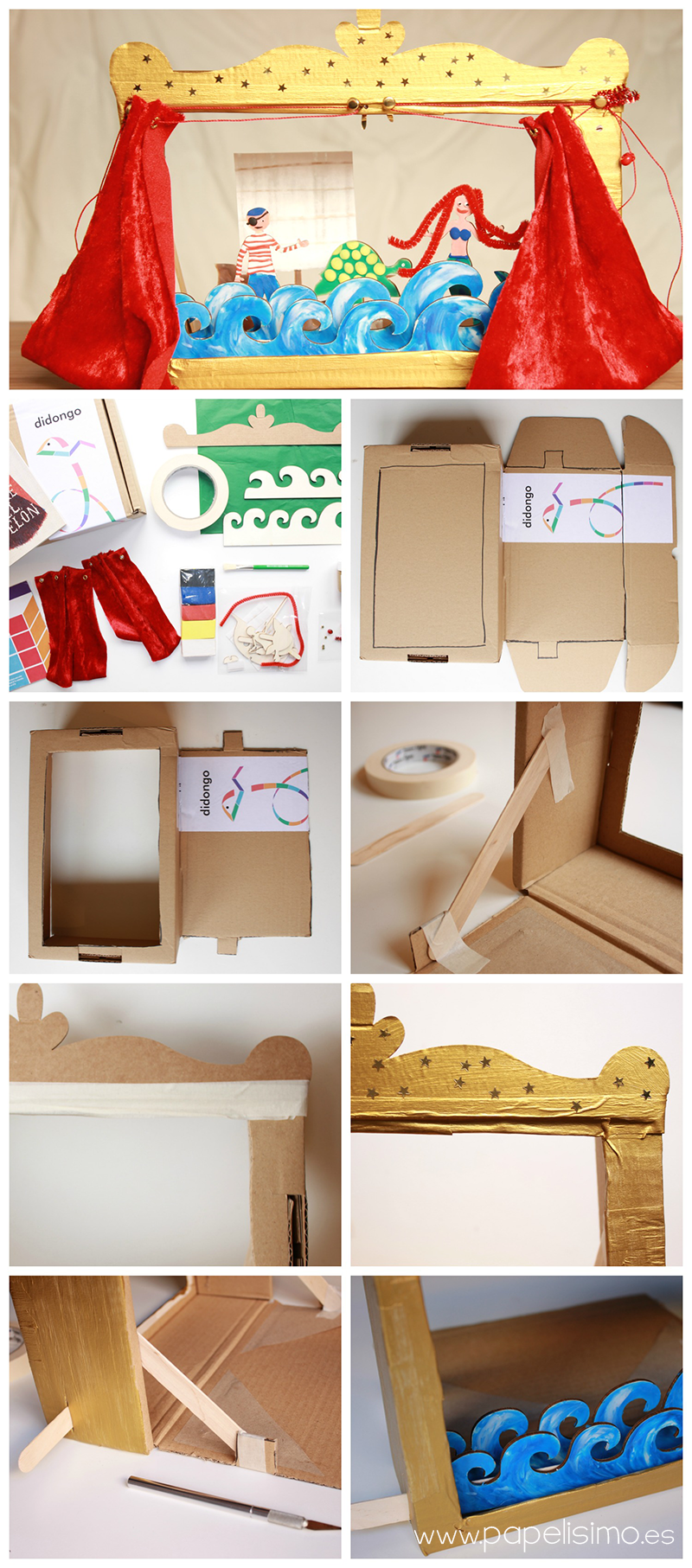 manualidades niño teatro con caja de carton estructura