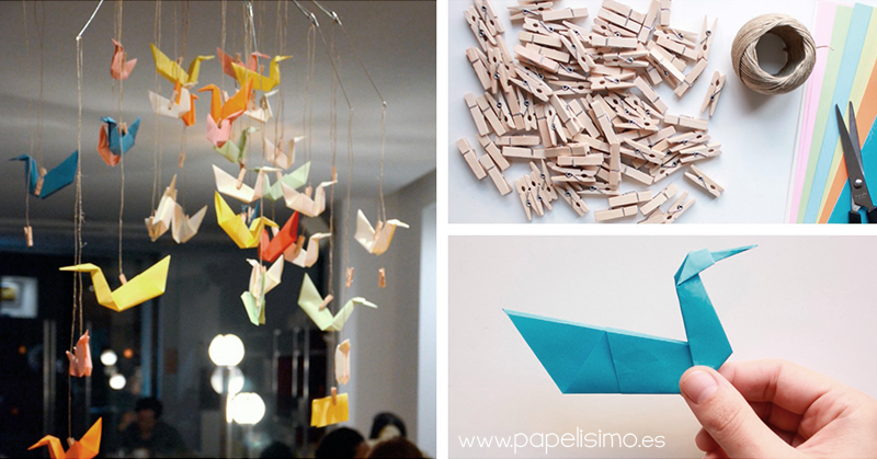 Móvil con pájaros de papel y paraguas - PAPELISIMO