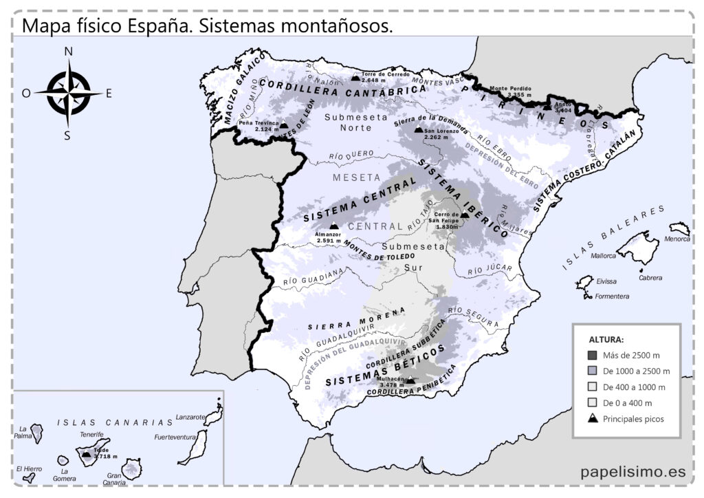 Mapa De Espana Fisico Sistemas Montanosos Relieve Papelisimo