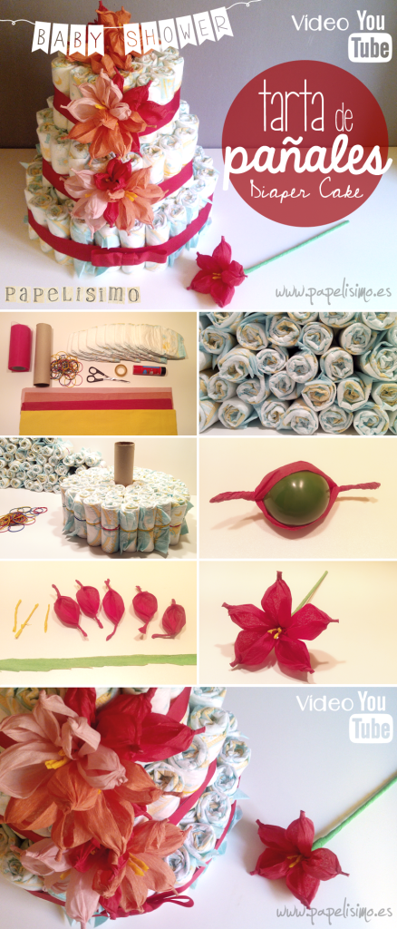pasos como hacer tarta de pañales decorada con flores de papel en video