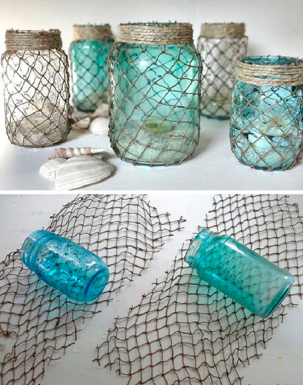 Botellas-decoradas-con-red-DIY-marine-net-bottle