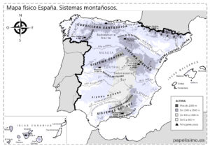 Mapa-de-Espana-fisico-sistemas-montanosos-relieve-blanco-y-negro