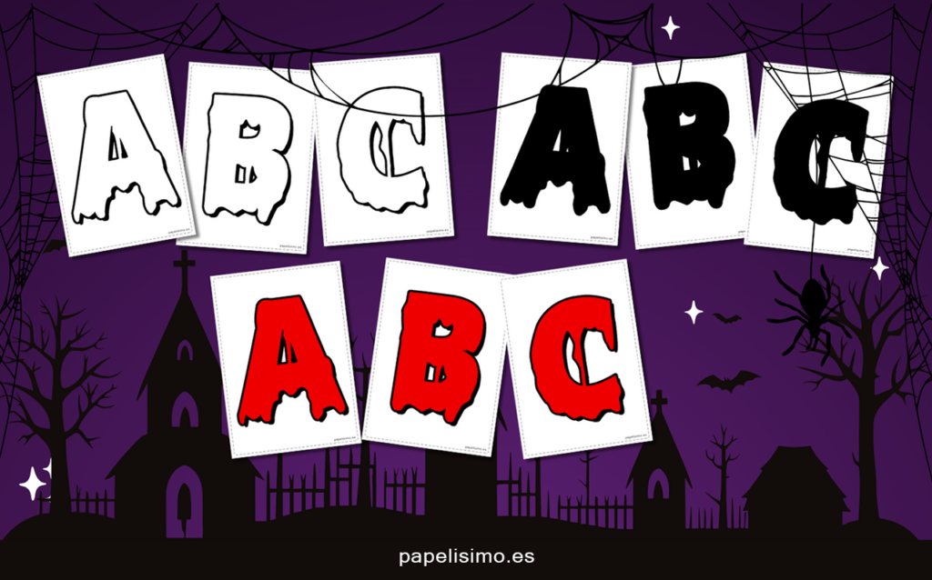 Abecedario letras grandes Halloween para imprimir blanco negro rojo